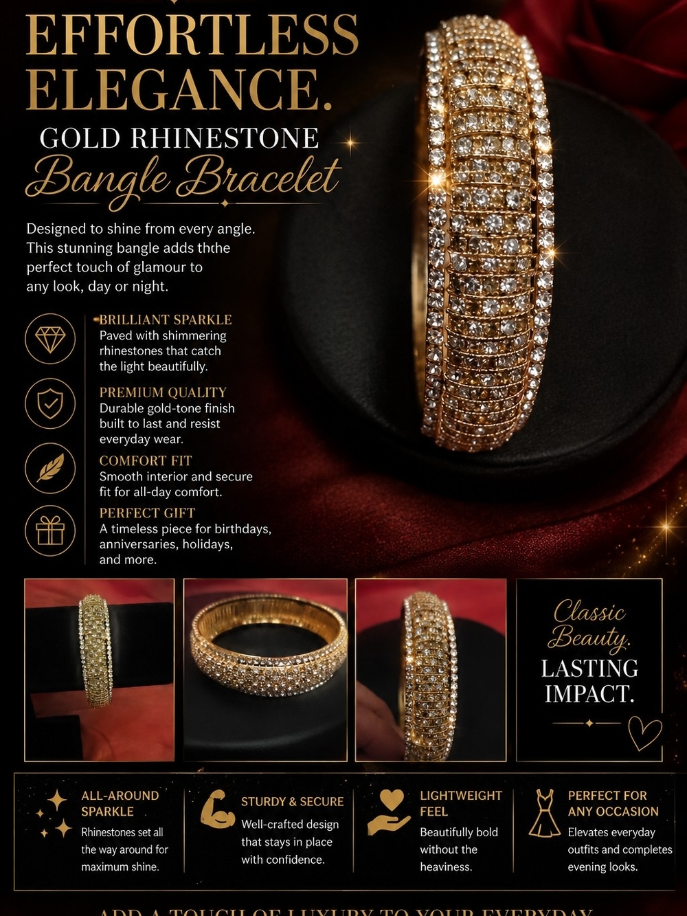 Gold Rhinestone Bangle Bracelet - Effortless Elegance